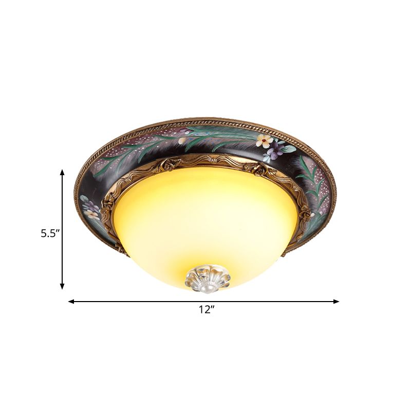 Brass Domed Flush Lighting Antiqued Yellow Glass 12"/16" Wide LED Bedroom Flush Mount Fixture