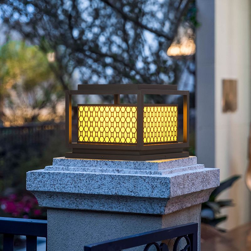 Square Shape Metal Solar Pillar Lamp Modern Style 1 Light Outdoor Light in Yellow