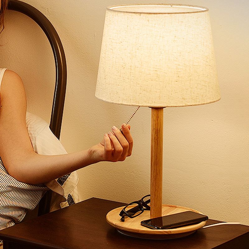 1 tête de table conique légère tissu moderniste petite lampe de bureau en brun rouge / bois avec chaîne de traction