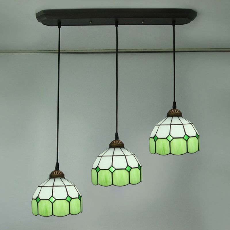 3 Heads Dining Room Cluster Pendant Victorian Green Hanging Ceiling Light with Grid Dome Hand Cut Glass Shade