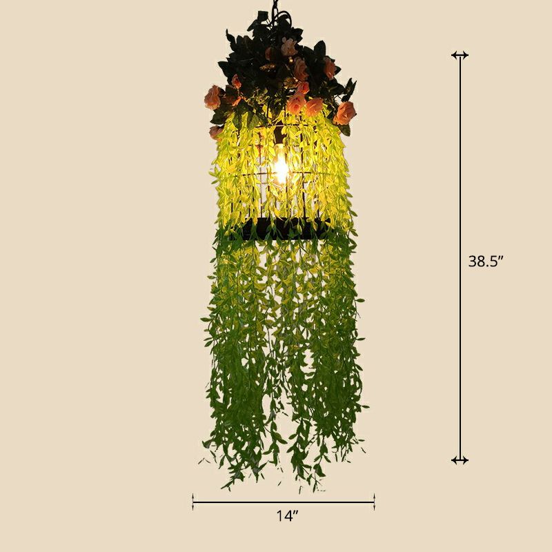 Industrial Cage Style Hanging Lamp 1 Head Metal Pendant Lighting with Artificial Leaf and Flower
