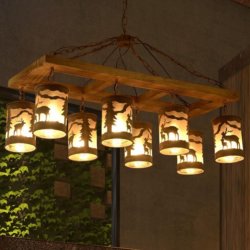 8 Lights Ceiling Light Country Style Linear Wood and Metal Hanging Chandelier in Bronze
