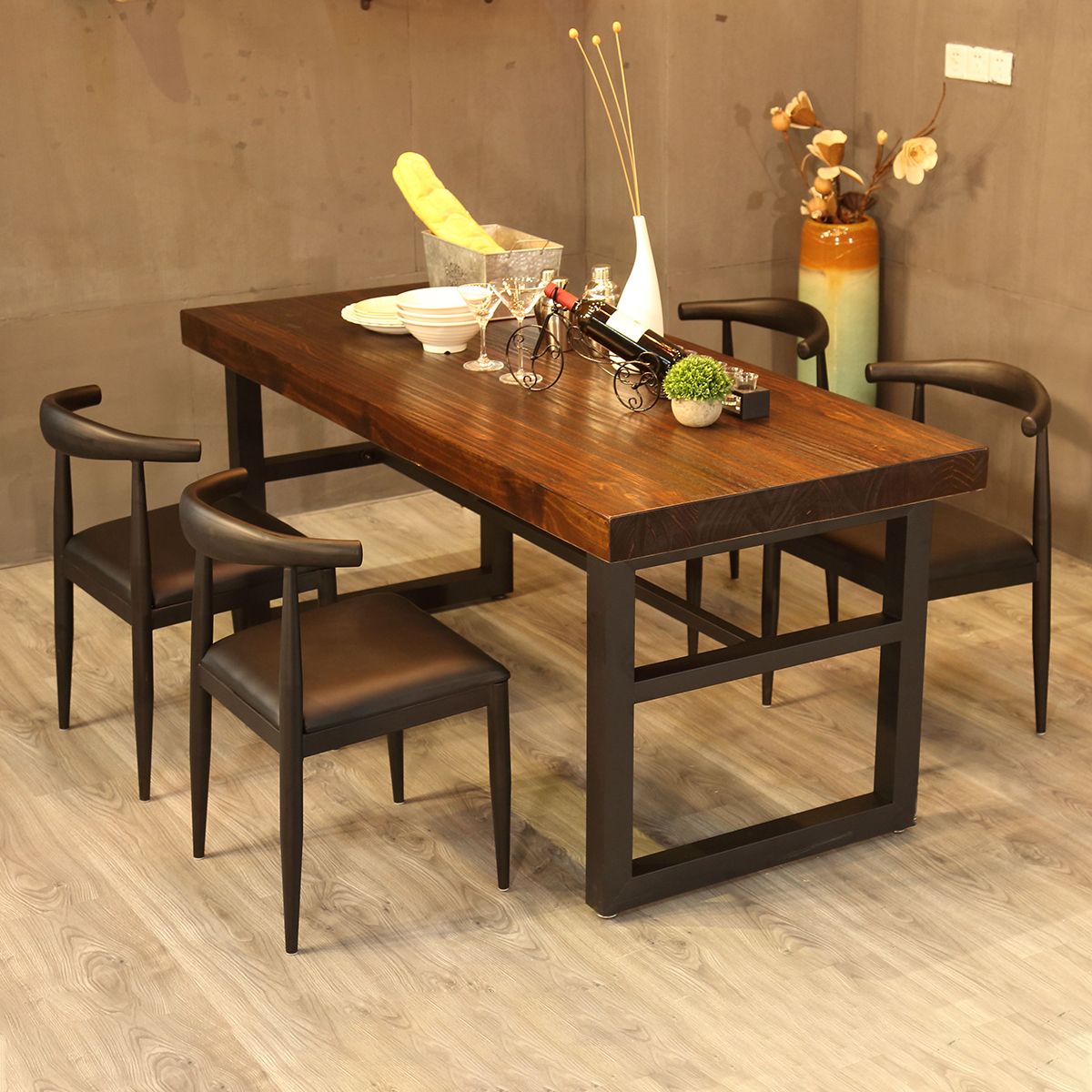Industrial Style Solid Wood Dining Table Brown Rectangle Table with Trestle Base for Dinning Room