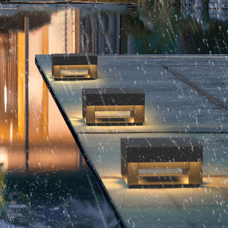 Contemporary Metal Pillar Lamp Square Shape Outdoor Waterproof Light in Black