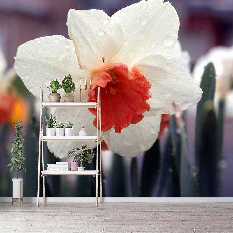 White Daffodil Mural Decal Waterproofing Wall Covering for Living Room, Custom Size