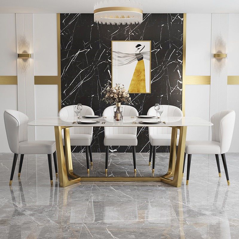 Glam Dinette Table Stone Rectangle Dining Room Table in White