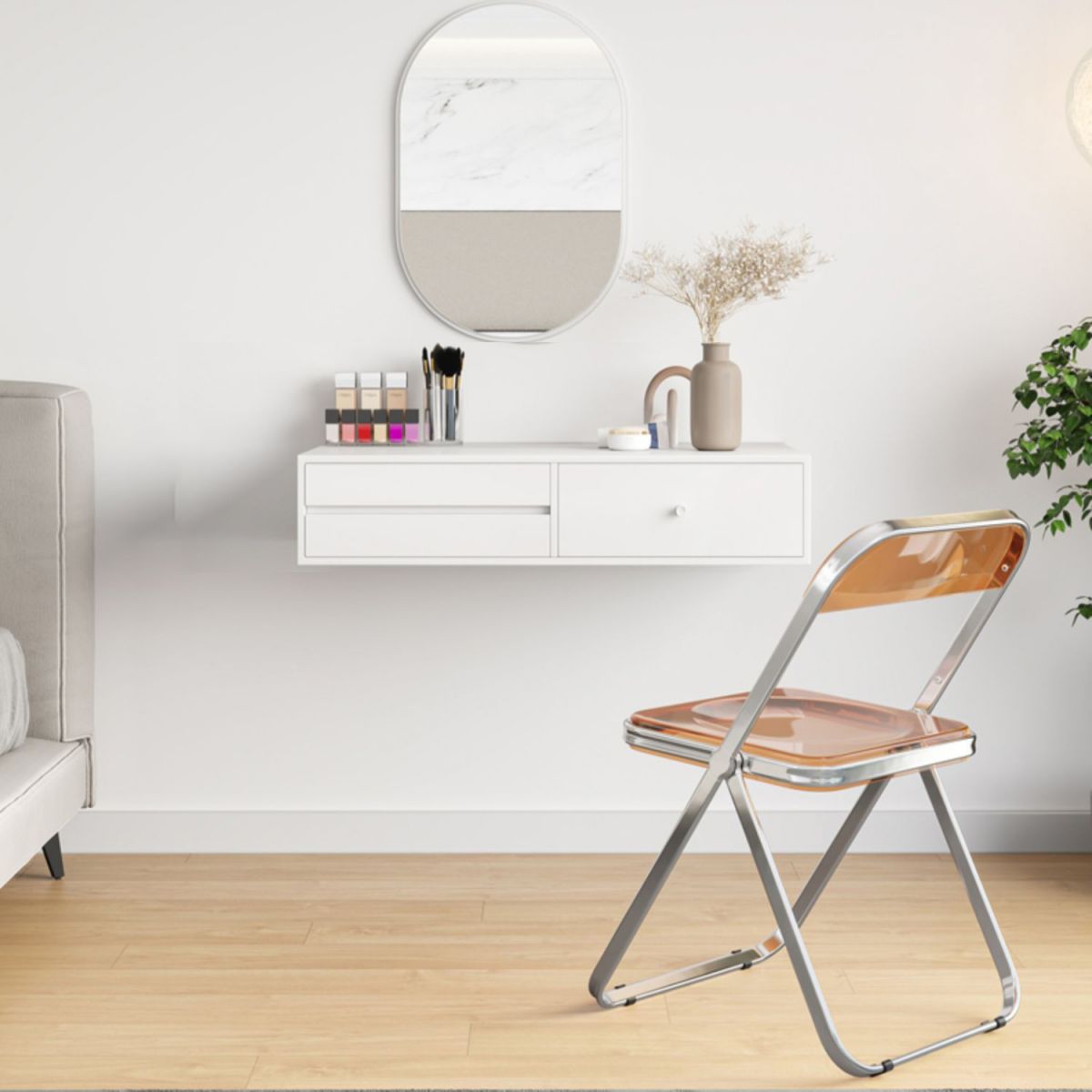 Contemporary Solid Wood Makeup Dressing Table Set with Stool