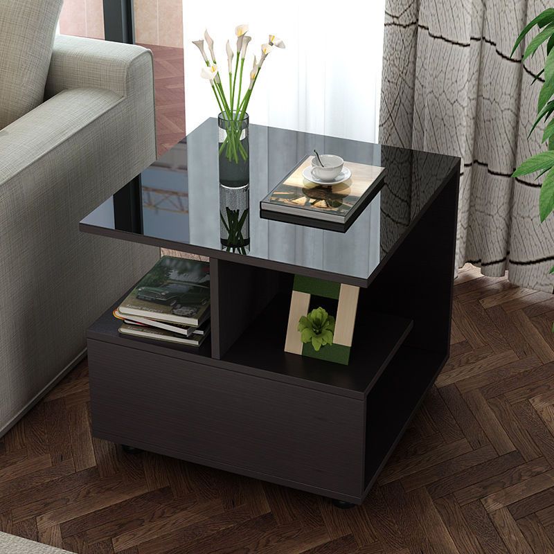 Transitional Square Glass Top End Table Portable Sofa Side Table with Shelves