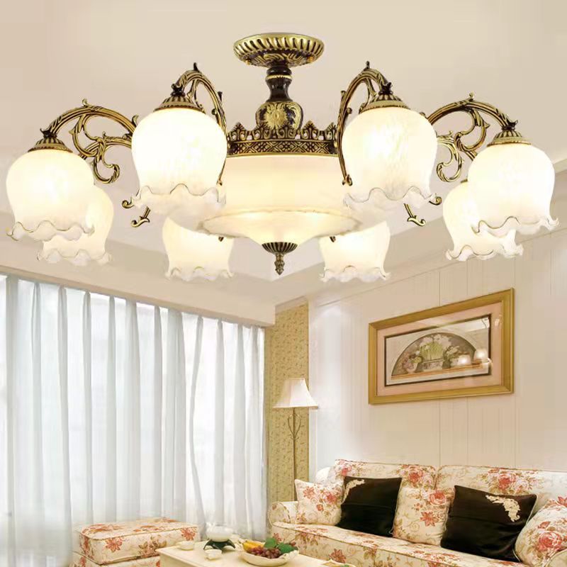 Lámpara semi rascilla de múltiples cabezas iluminación de techo de dormitorio tradicional con sombra de vidrio de flores
