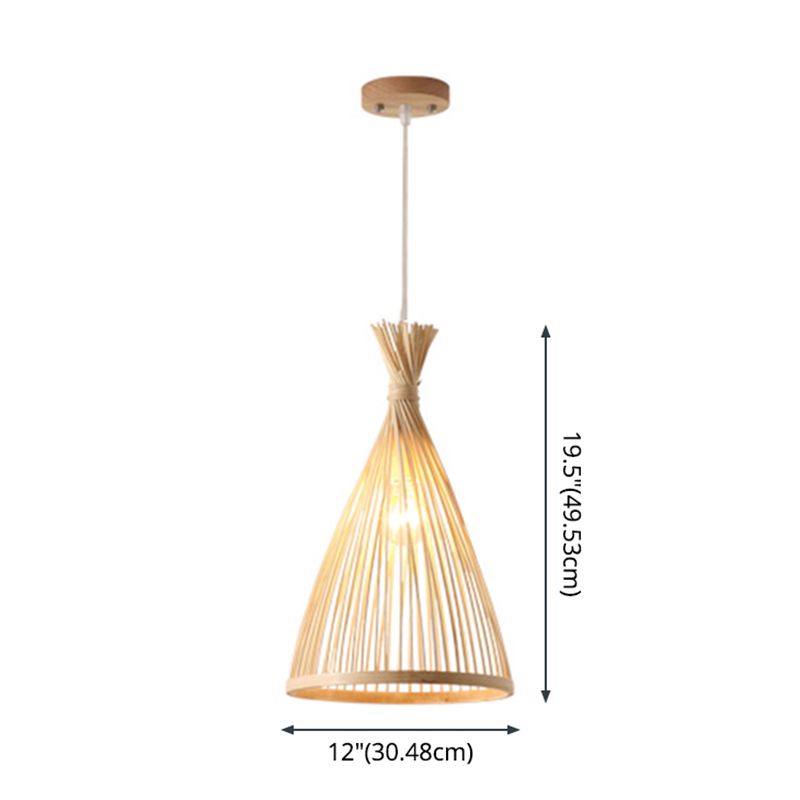 Conical Pendant Lighting Fixture Contemporary Style Bamboo Beige Hanging Ceiling Light