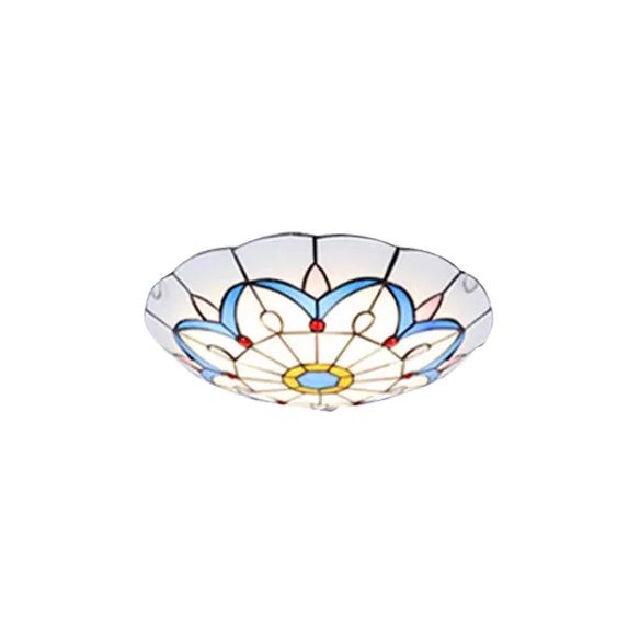 White Tiffany Ceiling Lights, 2-Lights Flush Mount Light with Art Glass Floral Shade and Jewel for Bedroom