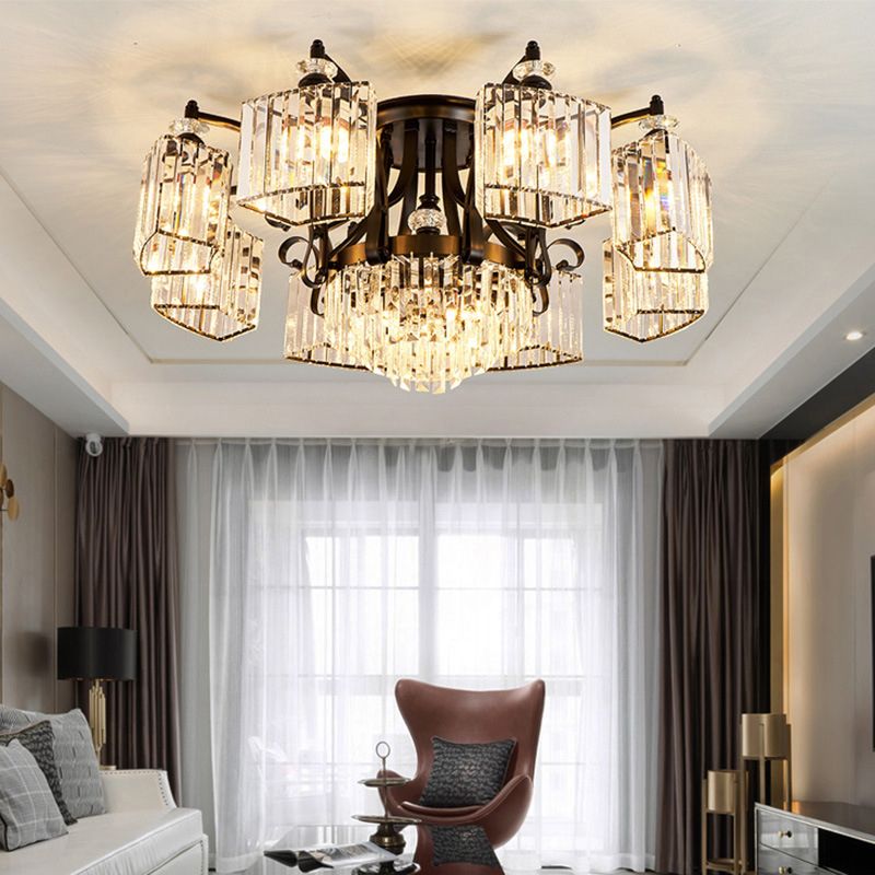 Tiered Living Room Ceiling Light Retro Clear Crystal Black Semi Flush Chandelier