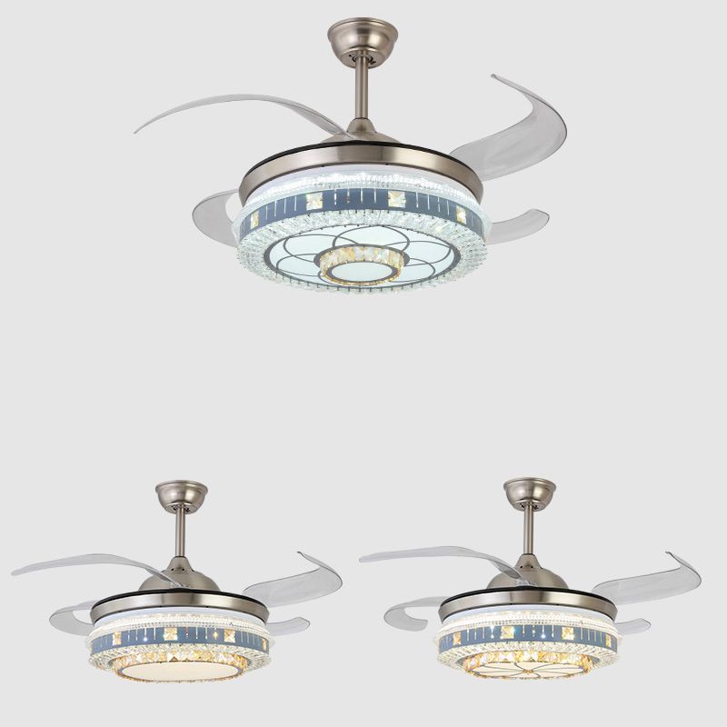 Kristallrunde Hanging Lüfter Licht Minimalist Blue Fernbedienung LED Semi Flush Light mit 4 Klingen, 42 "W.