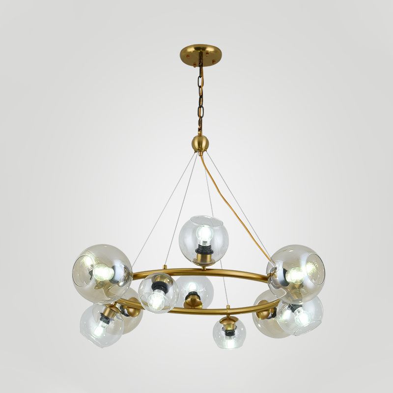 Contemporary 12 Lights Pendant with Clear Glass Shade Brass Round Hanging Ceiling Lamp