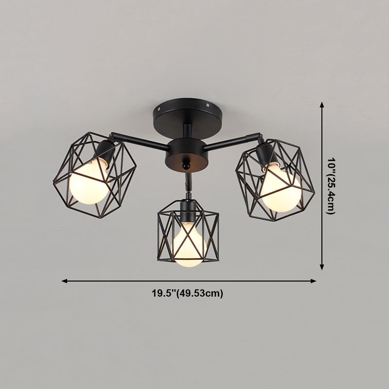 Black Caged Semi Flush Ceiling Light Industrial Metal Living Room Ceiling Mount Lighting