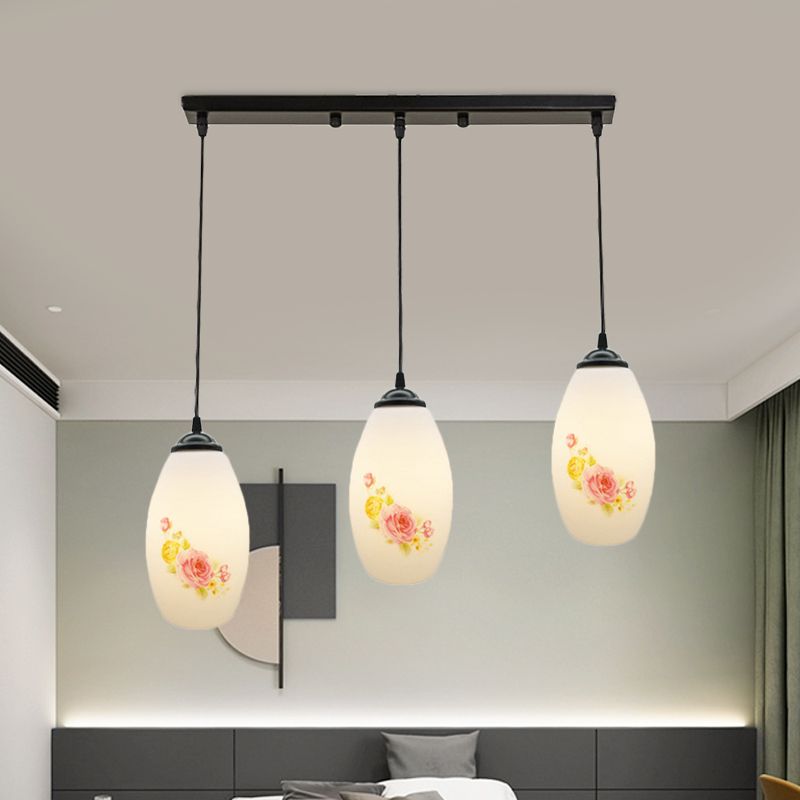 3 Bulbs Multiple Hanging Light Modern Oblong Frosted White Glass Linear/Round Canopy Pendulum Lamp with Flower Pattern