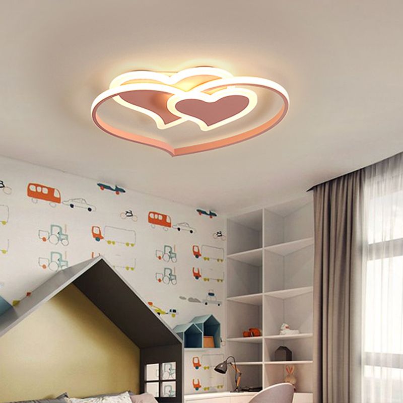Heart Shaped Ceiling Flush Light Nordic Aluminum Girls Room Flush Mount Fixture in Pink