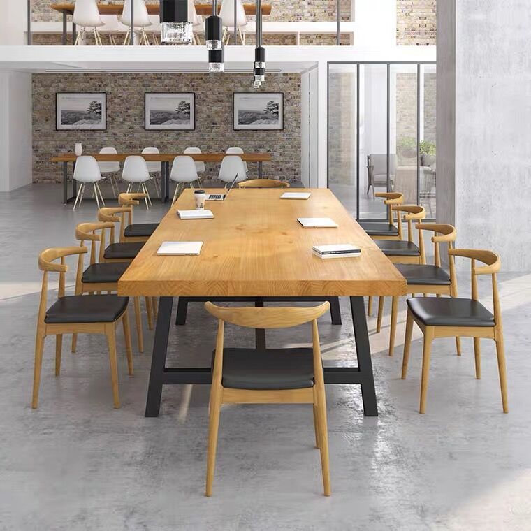 Rectangle Wood Color Dining Table Solid Wood Table Industrial with Trestle Base