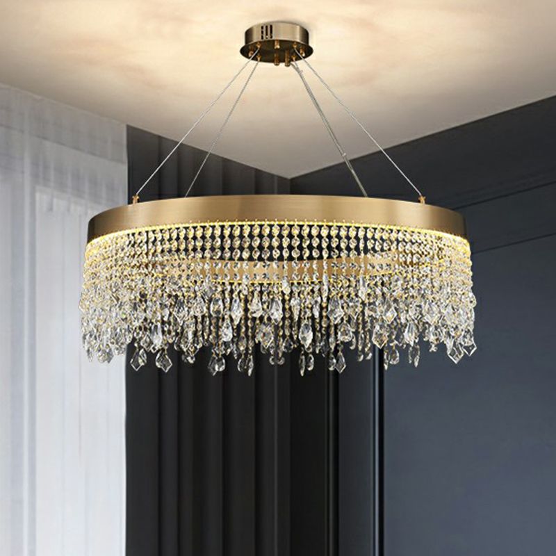 Stainless Steel Ring Shaped Pendant Lamp Postmodern Gold LED Chandelier with Draping Crystals