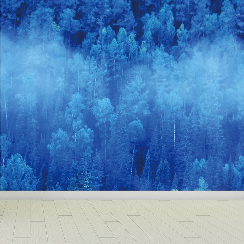 Extra Large Forest Mural Decal for Bathroom Floral Print Wall Covering in Blue, Water Resistant
