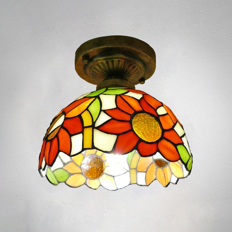 Dome Ceiling Light 1 Bulb Stained Glass Vintage Semi Flush Light Fixture for Corridor