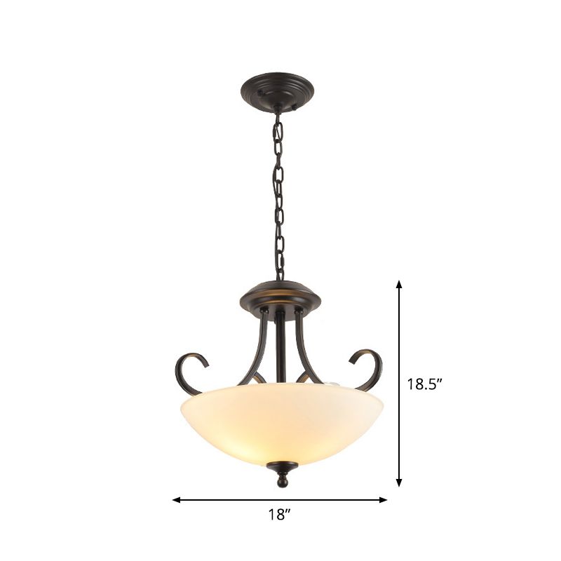 3-Bulb Bowl Pendant Chandelier Classic White Frosted Glass Hanging Light Kit with Scroll Arm