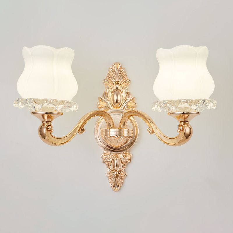 Gold Shaded Wall Lighting Simplicity Opal Glass Corridor Wall Light Fixture with Curved Arm