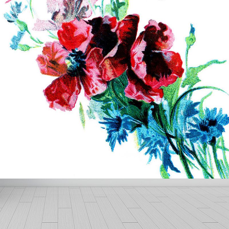 Contemporary Flower Print Mural Decal Red Dining Room Wall Covering, Personalized