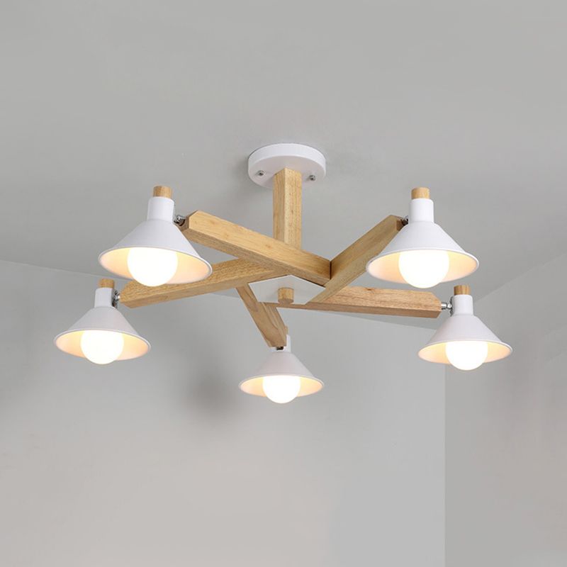 Modernismo de montaje en espiral de madera Modernismo 5 luces blanca cerca de la lámpara de techo con sombra de metal cone