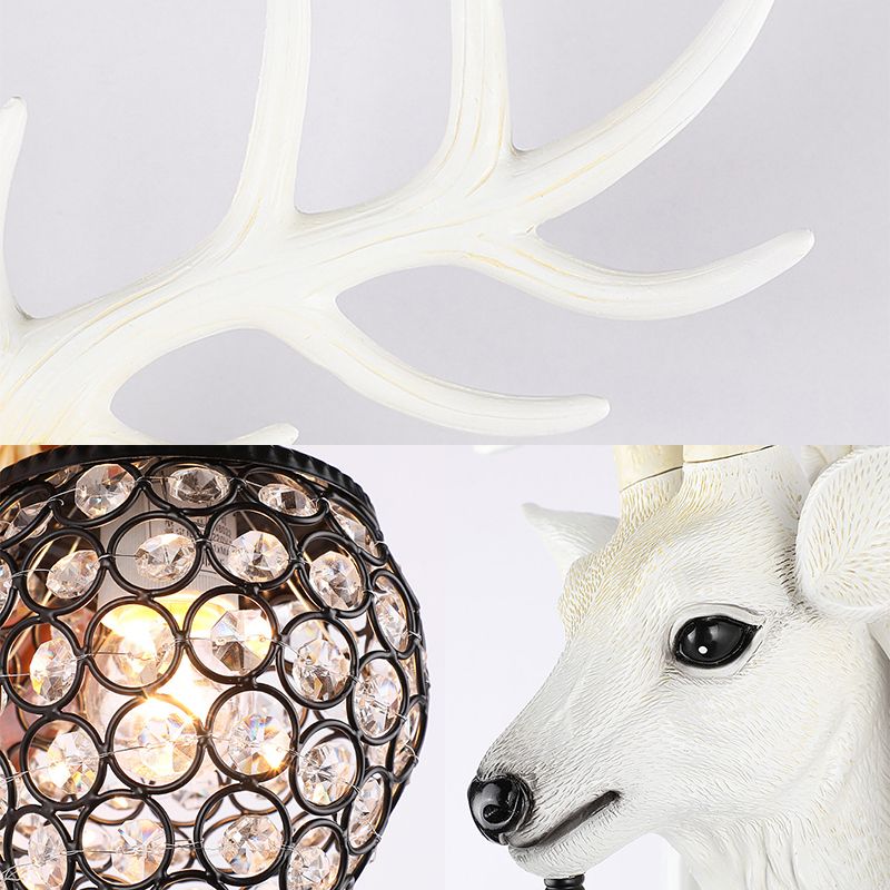 Brown/White Elk Wall Light Lodge Style Resin 1 Light Wall Mounted Light with Crystal Lantern Shade for Bedroom