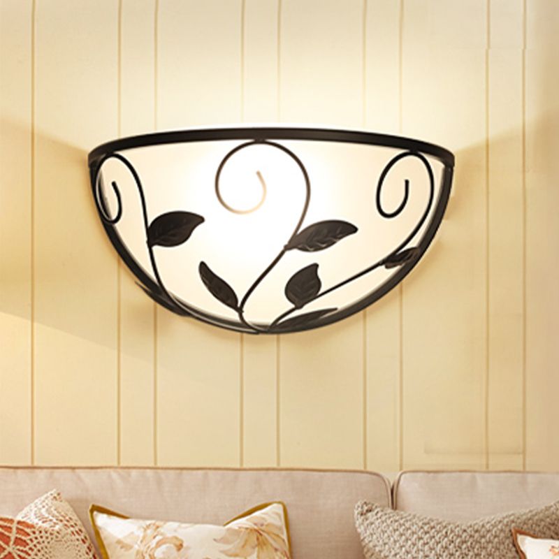 Half Moon Bedroom Wall Sconce Vintage White Glass 1 Head Black Wall Lighting with Leaf Design