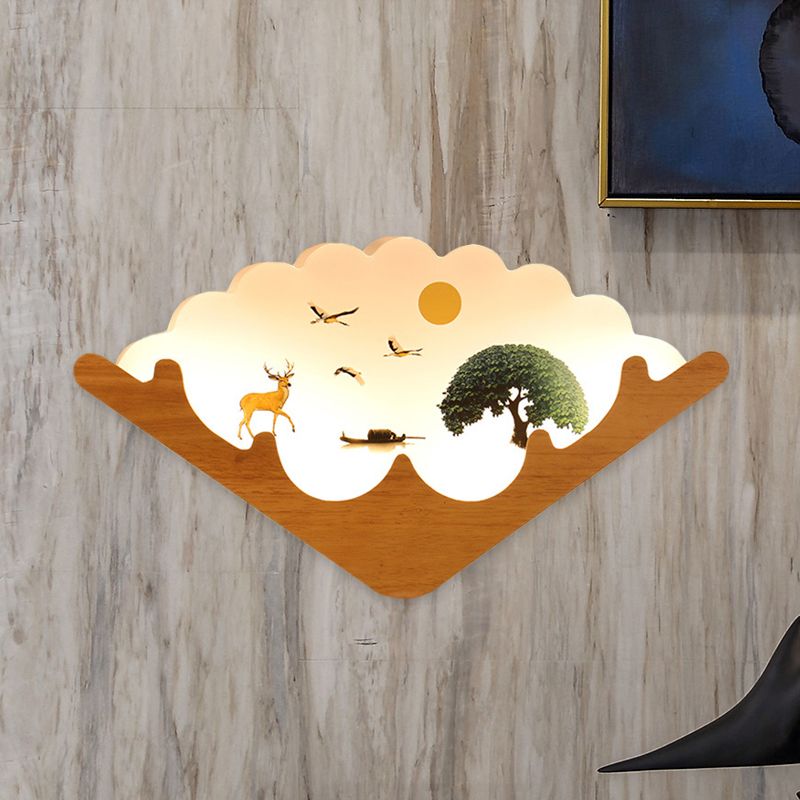 Acrylic Fan Shaped Wall Mounted Lamp Asia Style LED Wood Wall Mural Light with Elk Deer and Lake/Forest Pattern