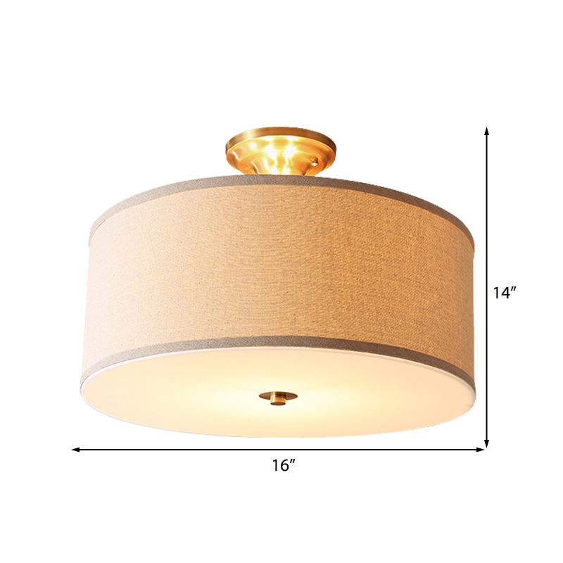 Drum Living Room Semi Flush Light Classic Fabric 4 Lights White Ceiling Lighting, 16"/19.5" Wide