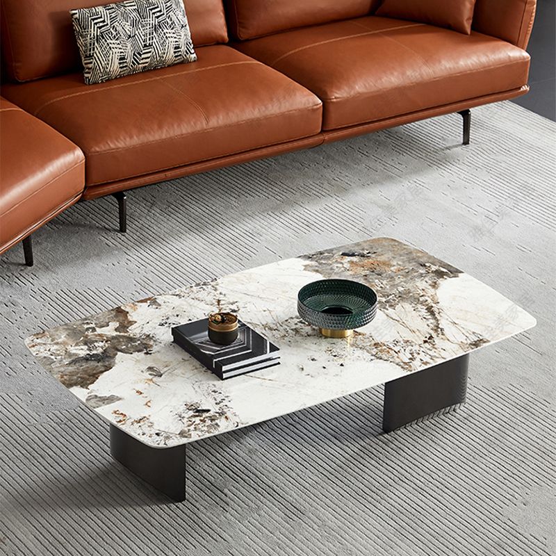 Stone Top Coffee Table with Black Metal Legs for Living Room