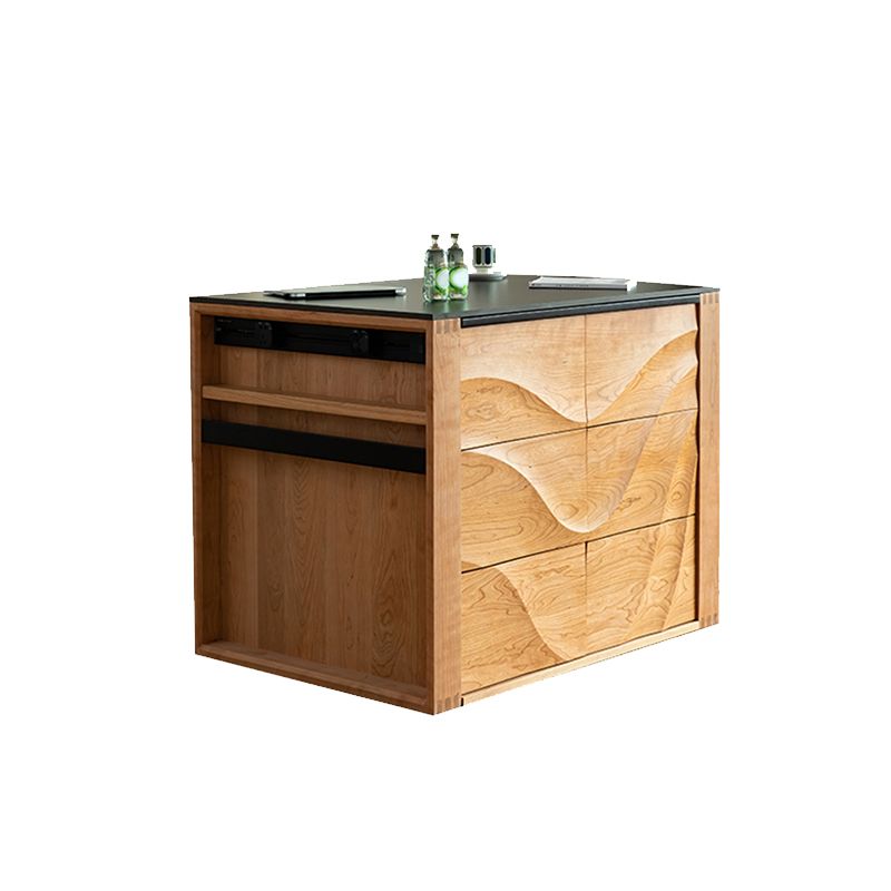 Black Stone Rectangular Kitchen Island Table with Solid Wood Storage Base