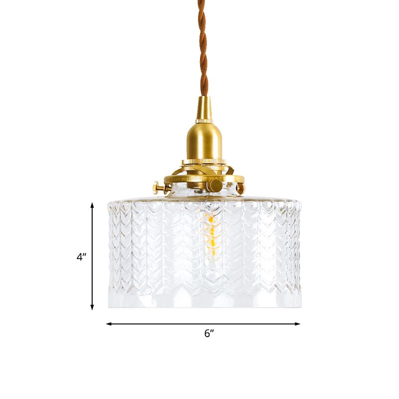 Drum Clear Textured Glass Pendant Colonialist 6"/8" W 1 Head Living Room Hanging Ceiling Light in Gold