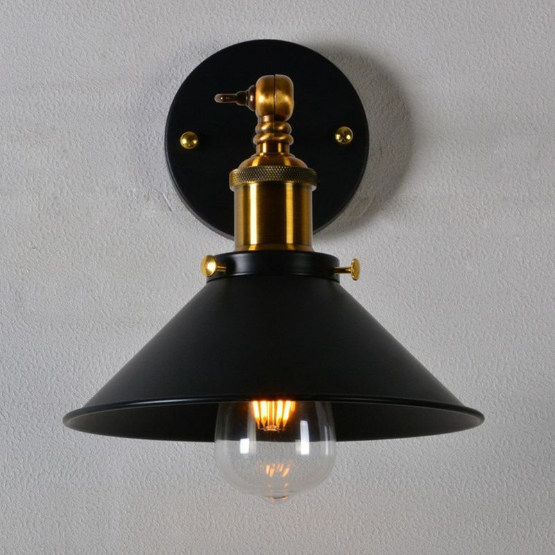 Rolled-Edge Cone Kitchen Wall Lamp Countryside Metal 1 Bulb Black/White-Brass Wall Mount Lighting with Adjustable Joint