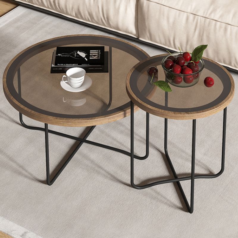Round Glass Top Coffee Table Set Frame Cocktail Table with Wood Accent