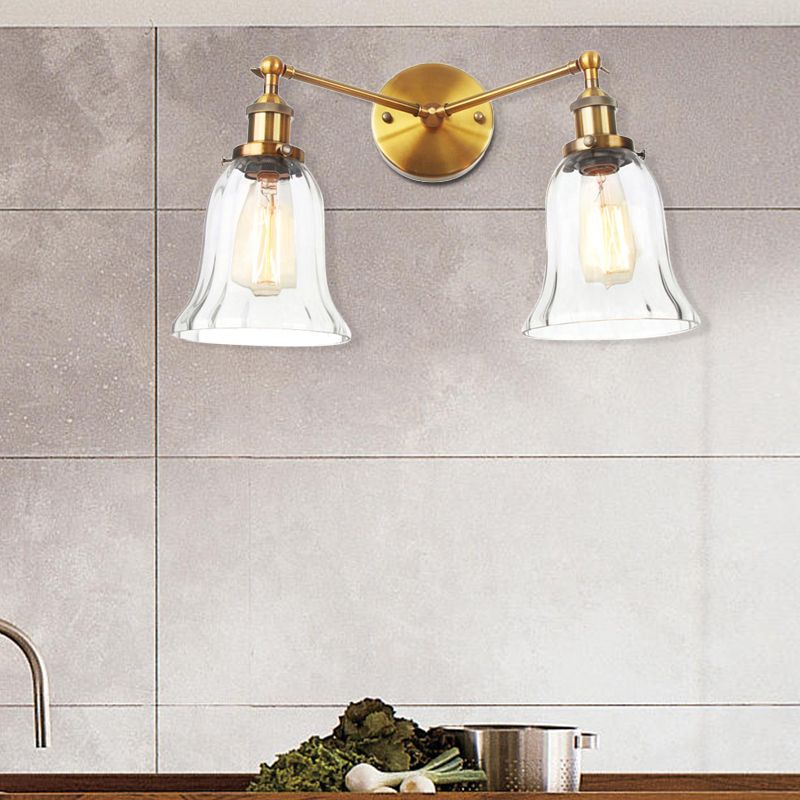 2 Lights Indoor Wall Lighting Industrial Style Black/Chrome/Bronze Sconce with Bell Clear Glass Shade