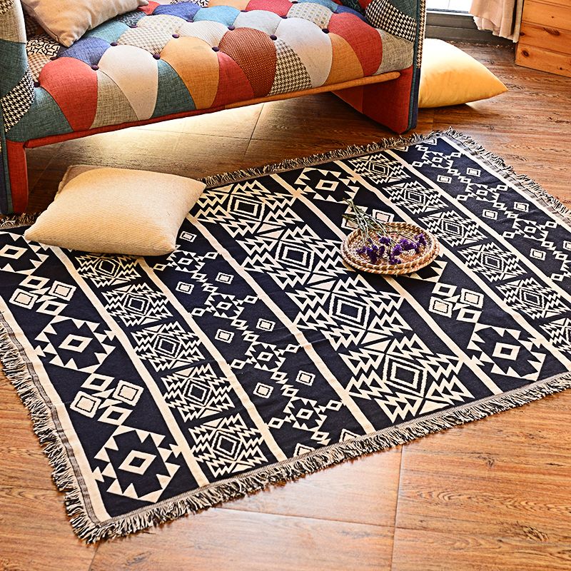 Blue and White Boho Rug Synthetics Geometrical Print Carpet Tassel-Trimmed Rug for Dining Room