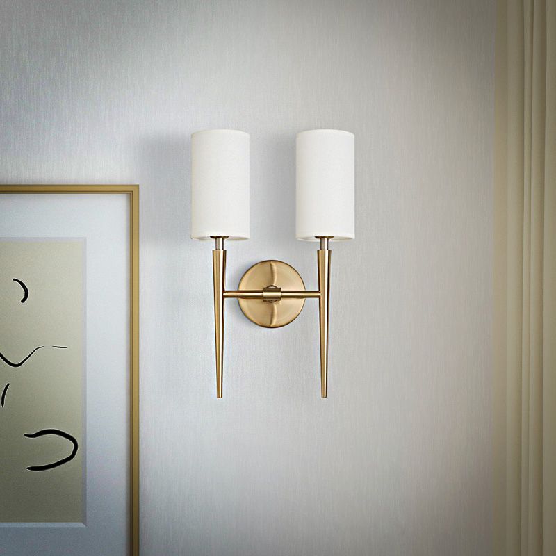 Metal Brass Wall Lamp Symmetric Cylinder 2-Light Modern Wall Mount Light Fixture with Fabric Shade for Bedroom