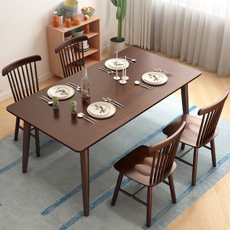Solid Wood Top Dining Table Modern Rectangle Table with 4 Legs in Brown