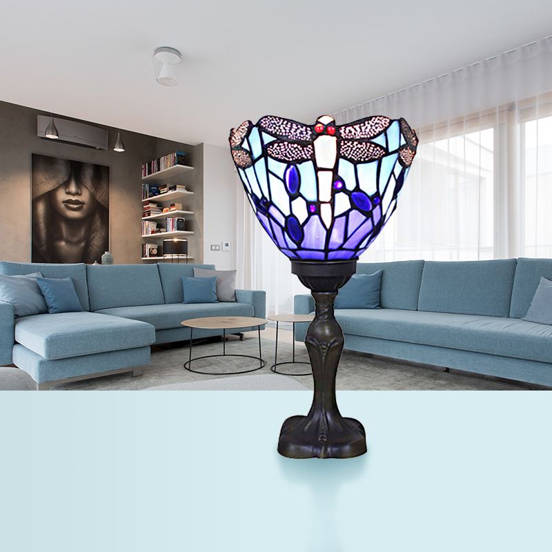 Blue Torch Table Light with Gem/Dragonfly Pattern Tiffany Traditional Stained Glass Desk Lamp for Cafe Living Room