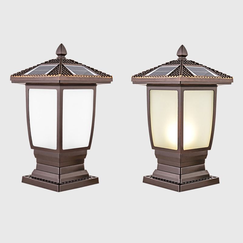 Contemporary Metal Pillar Lamp Pavilion Shape Outdoor Waterproof Light with Glass Shade