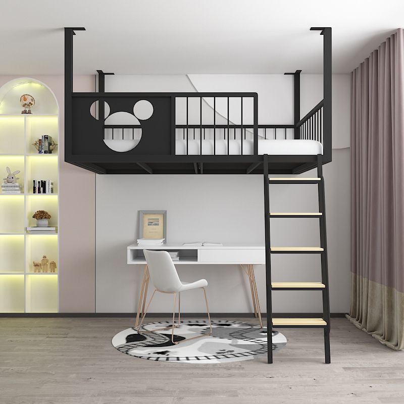Metal Loft Bed Scandinavian White/Black Kids Bed with Built-In Ladder and Guardrail