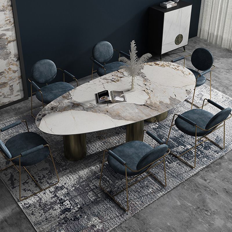 Oval Sintered Stone Dining Table Luxury Table in White with Metal 3 Legs