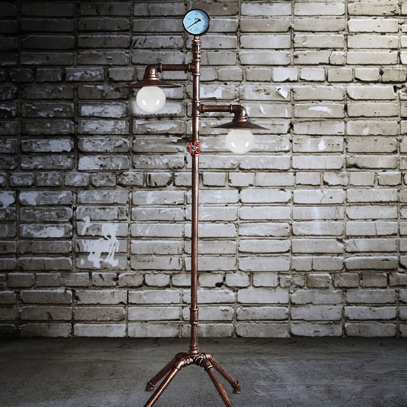 Éclairage de plancher à tuyaux de style antique 2 lumières lampadaire en fer forgé avec de l'ombre plate en bronze pour le salon