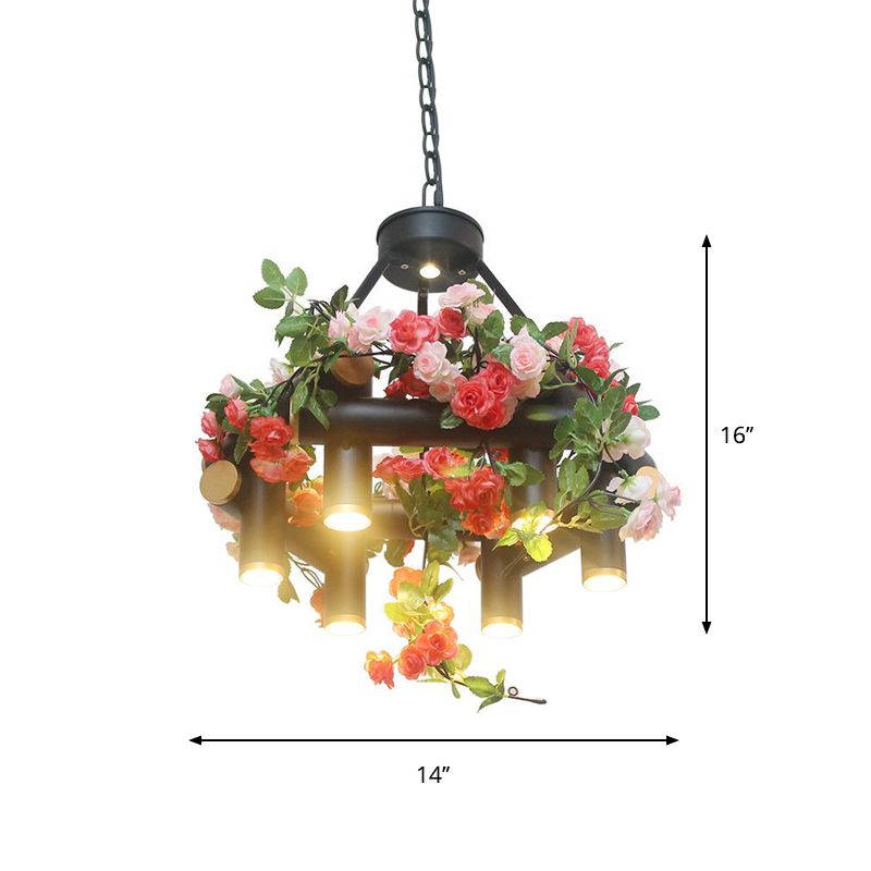 6-Licht-Kronleuchterlampe Vintage Tubular Iron Down Lighting Anhänger in Schwarz mit künstlicher Blume