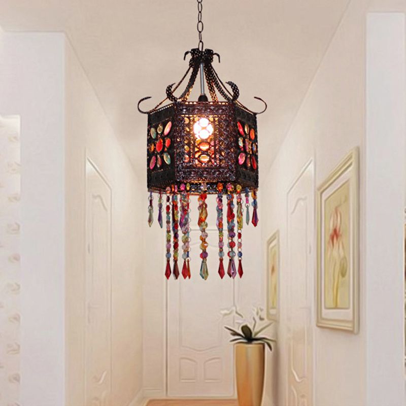1-Head Stained Art Glass Pendant Lighting Bohemia Copper Hexagon Lantern Bedroom Ceiling Hang Light with Scroll Arm