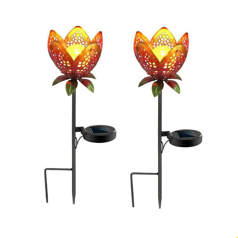 Red Flower-Shaped LED Lawn Lighting Artistic Metal Solar Stake Light for Courtyard